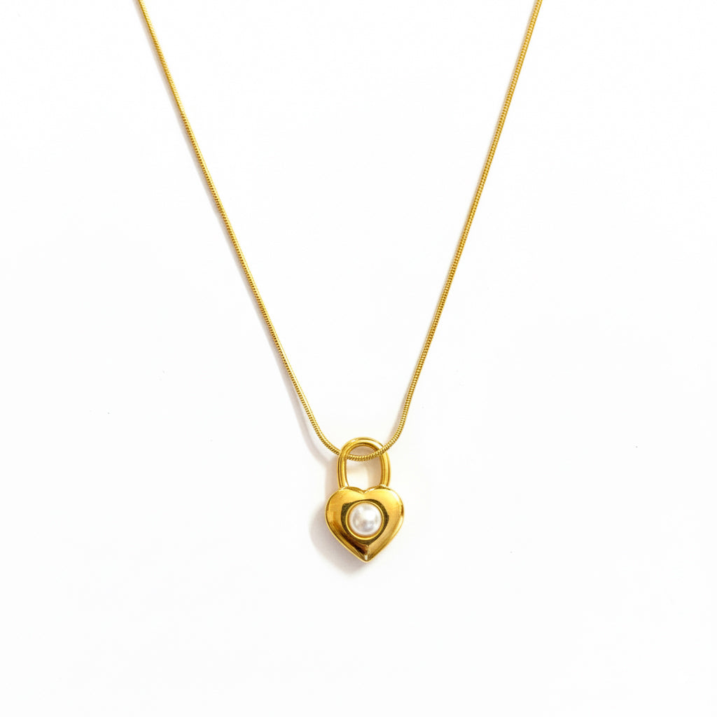 18K Gold Plated Padlock Heart Pendant Necklace with Pearl