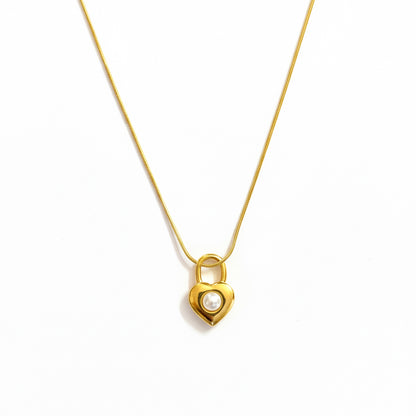 18K Gold Plated Padlock Heart Pendant Necklace with Pearl