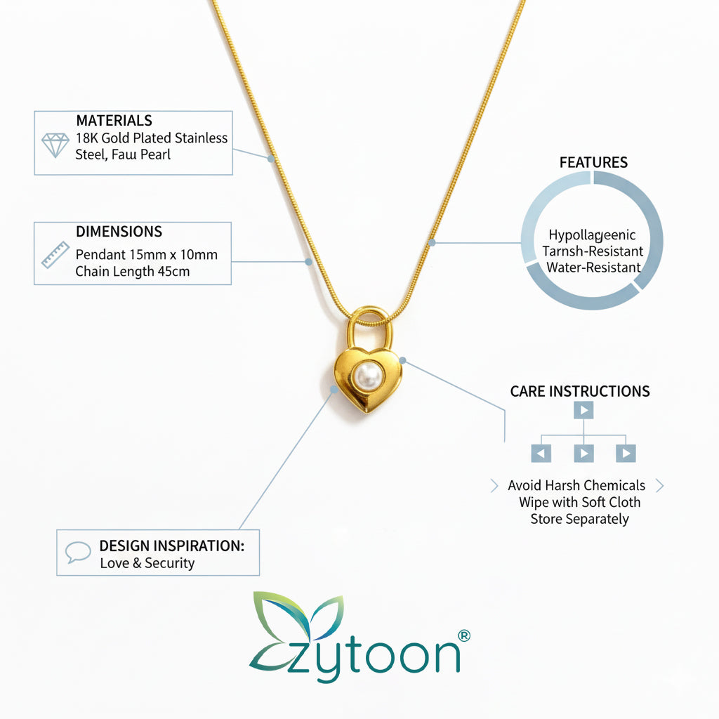 18K Gold Plated Padlock Heart Pendant Necklace with Pearl