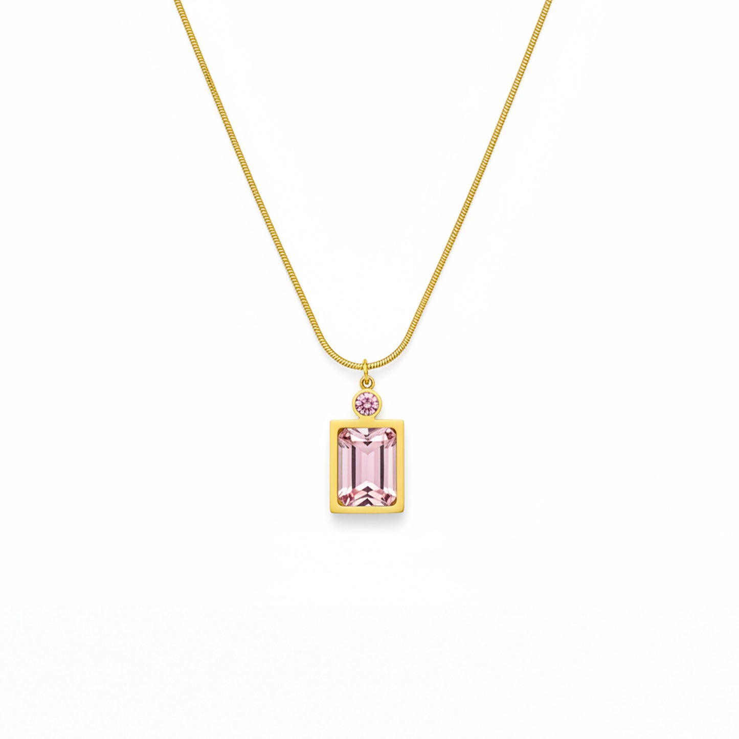 Pink Stone Rectangular Pendant Necklace – 18K Gold Plated Elegance