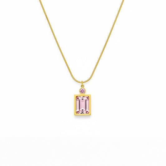 Pink Stone Rectangular Pendant Necklace – 18K Gold Plated Elegance