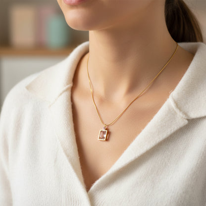 Pink Stone Rectangular Pendant Necklace – 18K Gold Plated Elegance
