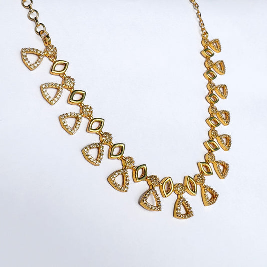 Sparkling Gold-Plated AD Stone Necklace with Triangular Motifs | Adjustable Ethnic Elegance